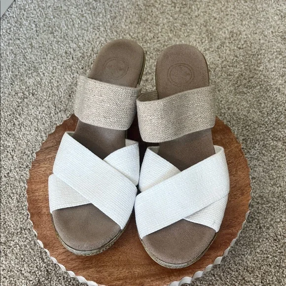 White and Tan Wedge Sandals, Charleston Shoe Co - Picture 2 of 4